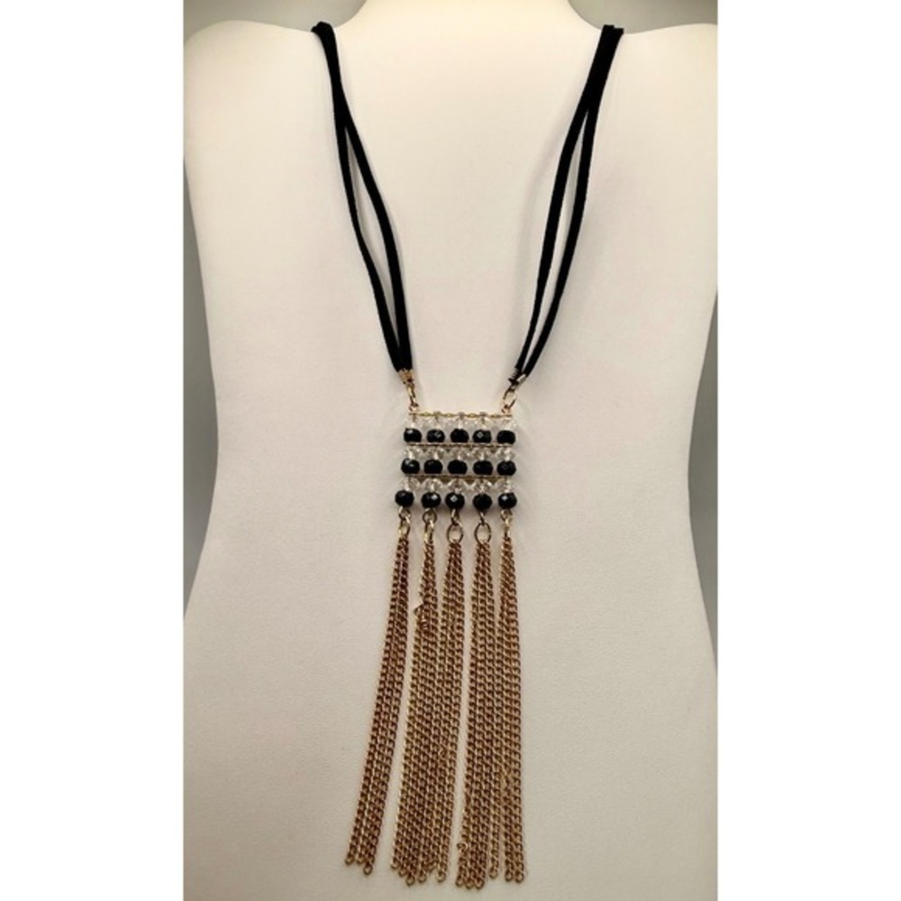 Boho Black Cord‎ Long Fringe Statement Necklace Gold Tone Beaded Tassel Pendant
